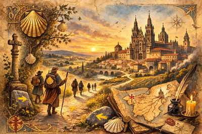 Pilgrims walking the Camino de Santiago towards Santiago de Compostela