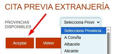 Selección de la provincia en el sistema Cita Previa de Extranjería