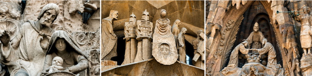 The Three Facades of the Sagrada Família – Nativity, Passion and Glory Collage of the three facades of the Sagrada Família in Barcelona